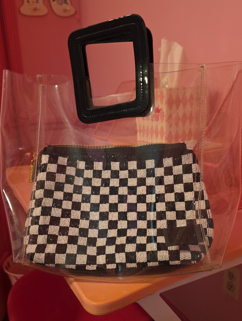 Staud PVC Shirley Clear Tote Bag with Black & White Checker Pouch